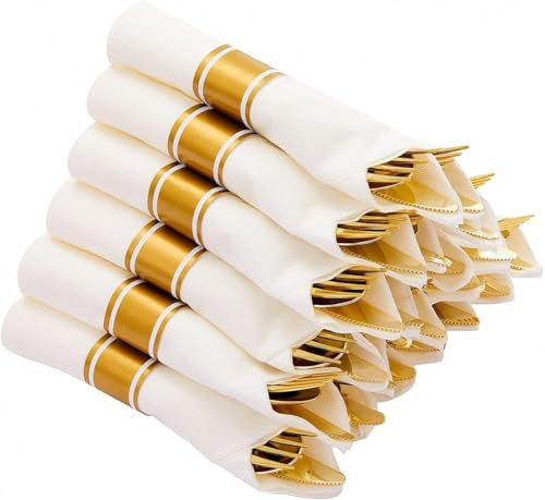 Lot de 30 couverts pré-roulés en plastique doré avec 30 fourchettes, 30 couteaux, 30 cuillères et 30 serviettes, ensemble de couverts jetables pour fête et mariage