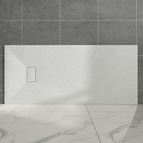 Aquariss White Rectangular Shower Tray Slate Effect SMC Slip-Resistant Shower Base for Bathroom Enclosures 1800x800mm with Waste