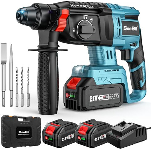 Seesii Trapano a Percussione a Batteria, 2,5J Tassellatore a Batteria con Design di Sicurezza Migliorato, Trapano a Percussione con Batterie 2*4.0AH e Caricabatterie, per Uso Domestico e Professionale