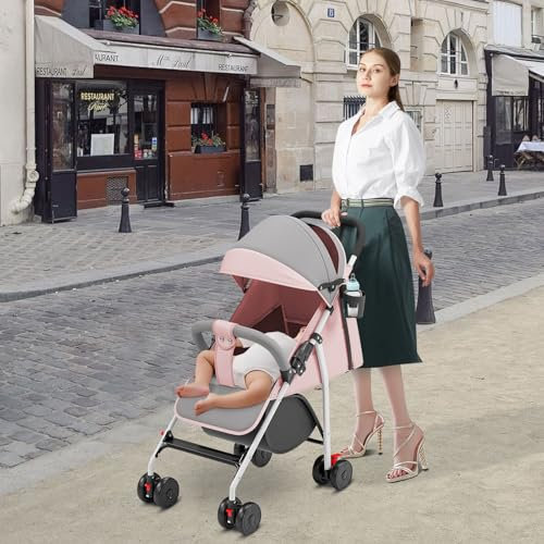 Poussette 3 en 1, Poussette Canne, Trio, Poussette Bebe, Landau Bébé, Accessoires, Adaptateurs Universels, Grandes Roues, 25kg, panier spacieux -C-rose