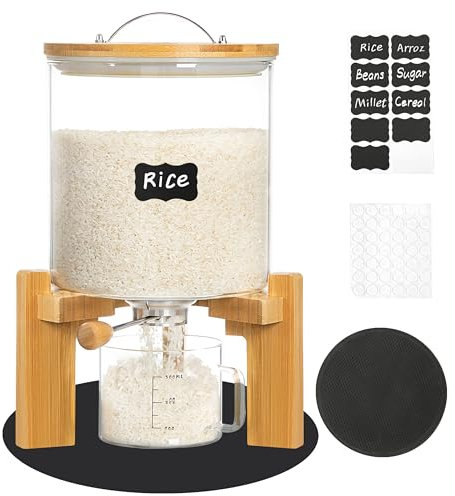 Famyards 8-10 lbs Glass Rice Dispenser with Wooden Stand Flour and Cereal Container with Glass Measuring Cup & Labels & Slider mat Pantry Food Organization Storage Bin with Airtight Bamboo Lid, 5L