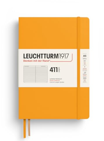 LEUCHTTURM1917 372926 Notebook 411 Medium (A5), Hardcover, 411 Numbered Pages, Rising Sun, Ruled, More Thoughts, More Ideas, More Memories, More Pages | 411 numbered pages, 80gsm acid free paper, thread binding, 160 pages more than standard