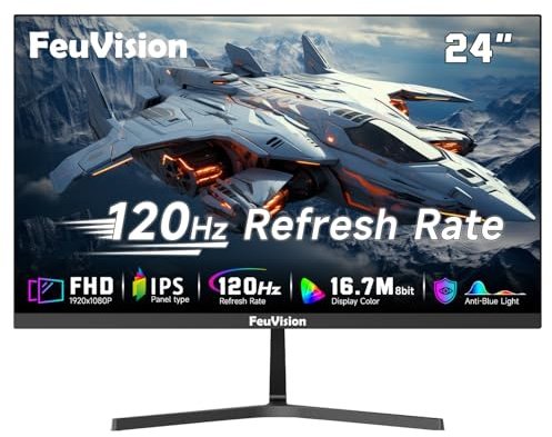 FeuVision 24 Zoll 120Hz Monitor, FHD 1080p, PC Bildschirm, IPS | Adaptive-Sync, 99% sRGB, 1ms Reaktionszeit, VESA, Rahmenlos Bildschirm, Blaulichtfilter, HDMI, VGA Anschluss