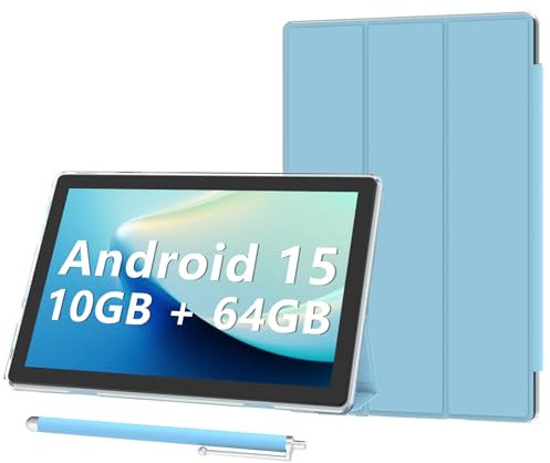 Android 15 Tablet 10 inch Tablets with Case, 10GB RAM + 64GB ROM (Expand to 1TB), Quad Core Processor Tablets, 5G WiFi 6, BT5.0, 1280x800 HD Screen, 6000mAh, Dual Camera, GMS, Widevine L1, Blue