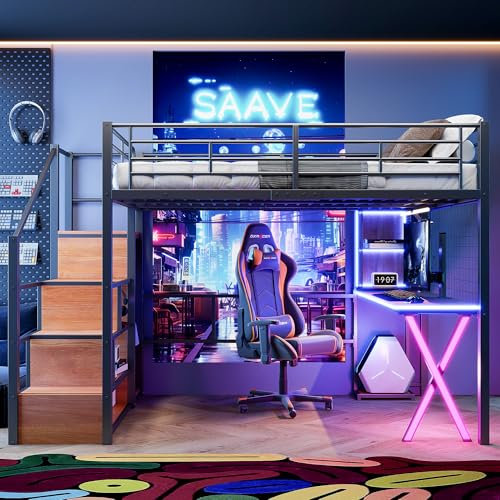 LED Hochbett 140x200 cm mit Schreibtisch, Bücherregal, Treppe und Kleiderschrank, Etagenbett mit Lattenrost, Funktionsbett Metallbett Spielbett Kinderhochbett Jugendhochbett, ohne Matratze, Schwarz