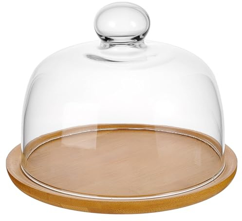 nbeads Cake Stand with Wooden Base, Transparent Glass Bell Cake Stand for Dessert, Cheese, Sweets, Succulent Plants, 20.5 x 20.5 x 16 cm