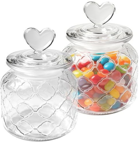 Behogan 2 Stück 650 ml Süßigkeiten Glas, Bonbonglas mit Herzform Versiegeltem Deckel, Dekorative Candy Bar Vorratsgläser mit Drehverschluss für Kekse, Süßigkeiten und Kaffeebohnen