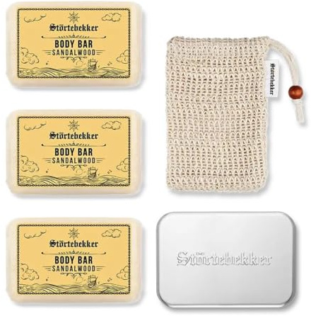 Störtebekker® Premium Duschset Body | 3x Festes Duschgel (Sandelholz) inkl. Sisal Soap Bag & Soap Box XL für Herren & Damen | vegan & handgefertigt in Holland