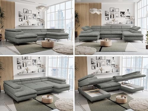 MKS MEBLE Sofa U-Form, Wohnlandschaft U-Form, Sofa mit Schlaffunktion und Bettkasten, Schlafsofa mit Bettkasten, Couch mit Verstellbare Kopfstützen - Peter U - Grau Struktur (mit Topper T25)