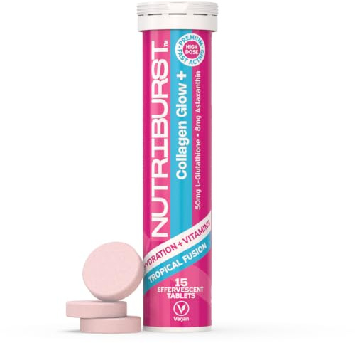 Nutriburst Collagen Beauty+ Effervescent • VIT C, Zinc • Vegan & Sugar Free | 15 tropical fusion effervescent tablets for hydration with added vitamin C, zinc and biotin with hyaluronic acid.