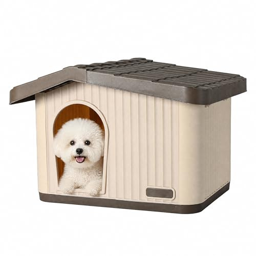 Skylos Outdoor Dog House for Small Medium Dogs, Indoor Outdoor Dog Kennel Pet Shelter Weather-Resistant Plastic Cat and Rabbit House for Patio, Porch, Living Room, 75 x 64 x 51 cm