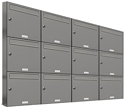 AL Briefkastensysteme 12er Briefkastenanlage Aluminiumgrau RAL 9007, Premium Briefkasten DIN A4, 12 Fach Postkasten modern Aufputz