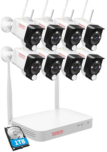 WLAN Überwachungskamera Set mit 2 Wege Audio, Tonton 2K 10CH Wireless NVR 8x3MP Kabellose Outdoor Überwachungskamera mit 1TB Festplatte AI PIR Bewegungserkennung, IP66 Wasserdicht, 24/7 Aufzeichnung