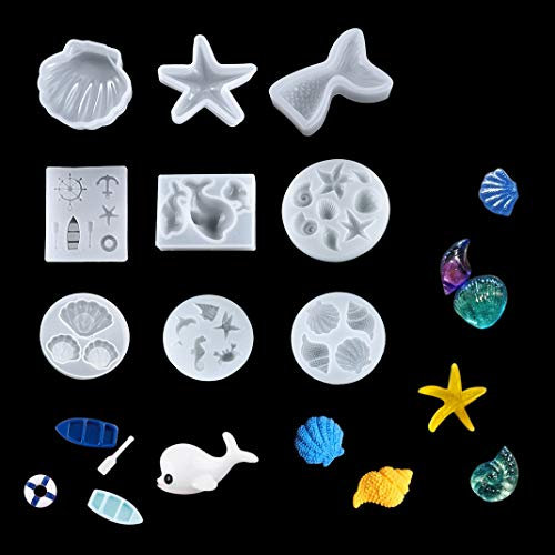 iSuperb 9 Stück Epoxidharz Formen Silikonform Schale Seestern Meer Thema Gießformen Fondant Formen Resin Mold für Schmuck Anhänger Handwerk Machen DIY (Transparent)