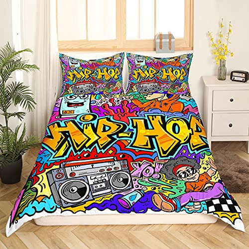 Loussiesd Hip Hop Bettwäsche Bunt Graffiti Bettwäsche Set 135x200 cm für Kinder Jungen Teenager Musik Thema Bettbezug Hip Hop Graffiti Betten Set 2St Modern Hip-Hop-Kultur Reißverschluss