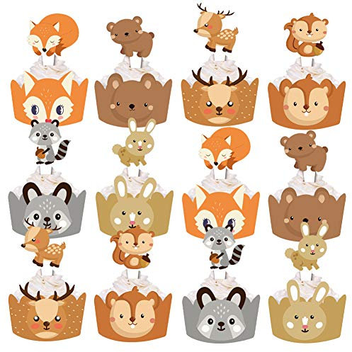 SUNBEAUTY Kuchendeko, 24 Stück Waldtiere Cupcake Toppers Cupcake Wrapper Set Muffinförmchen Papier Waldtier Tier für Geburtstag Kindergeburtstag Party