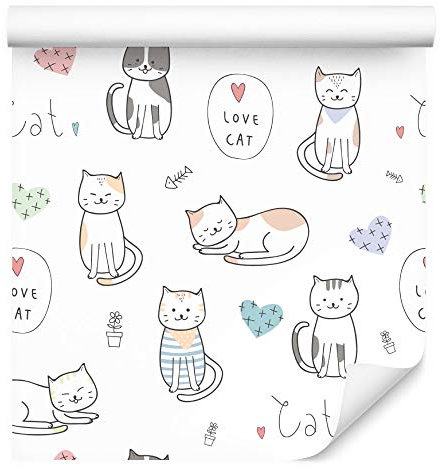 Muralo Tapete 10m Rolle Vlies Tapete Natur Katzen Fische Kugeln Punkte Linien Vliestapete 1000 x 53cm Wand Tapete Wohnzimmer Kinderzimmer Moderne Wanddeko Wand Dekoration
