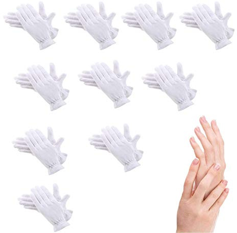 100% Cotton Gloves for Eczema,10 Pairs White Cotton Moisturizing Gloves Over Night Bedtime | Cosmetic Inspection Premium Cloth Quality | Dry Sensitive Irritated Skin Spa Therapy Secure Wristband