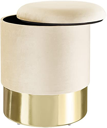 tectake® Tabouret repose pied pouf avec rangement Pouf salon rond aspect Velours jusqu'à 300 kg Base en Acier Doré Couvercle Amovible Design Moderne cosy pour coiffeuse, salon, chambre, bureau, entrée