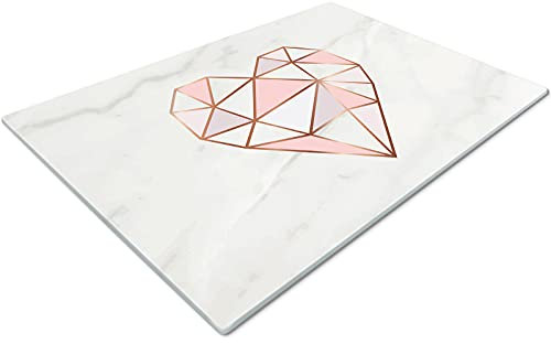 Glass Chopping Board | Non Slip Worktop Saver for Kitchen | Small Pink White Gold Heart Chopping Board