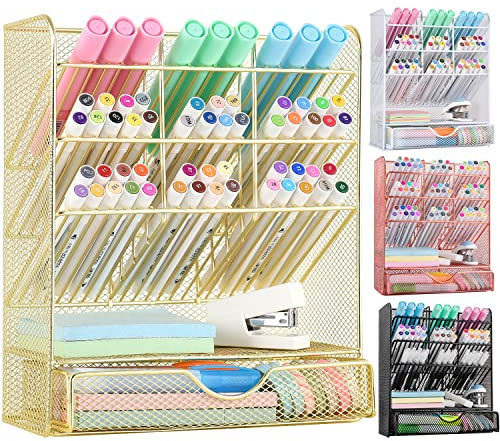 Spacrea Stiftehalter aus Netzstoff – Stifthalter für Schreibtisch, Schreibtisch-Organizer mit Schublade für Schule, Zuhause, Kunstbedarf (Gold)