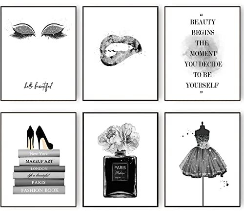 Modische Wanddekoration Mädchenzimmer Dekor Glam Silber Grau Wandkunst Drucke Schwarzer Rock Blume Parfümflasche Buch Lippen und Modemotto Glitzer Poster 8x10 Zoll (20.3x25.4cm) Ungerahmt