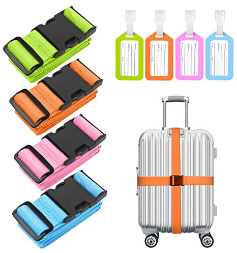 Flintronic 4 Stück Premium Gepäckgurt Koffergurt Kofferband Einstellbare rutschfest Gepäckband Lang kofferbänder Luggage Strap + 2 Stück Kofferanhänger Sicher Reisen für Koffer