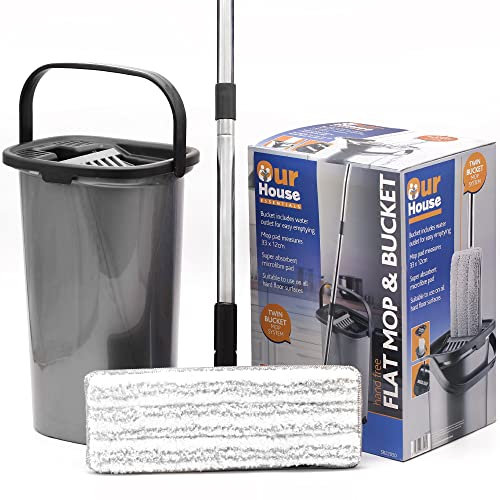 OurHouse Essentials Flat Squeezy Mop and Bucket Set, Super Absorbent Microfibre Squeeze Mop, Removes Dirt Easily, Compartments for Dirty & Clean Water, Tiled Wood Laminate Vinyl Floors, Dual Wringer