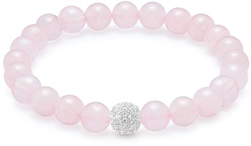 day.berlin Premium Rosenquarz Perlenarmband, Damen Naturstein Armband mit echten 8mm Edelsteinen, flexibles Zugband 18cm lang, handgeknüpft mit Pave Zirkonia Perle, versilbert