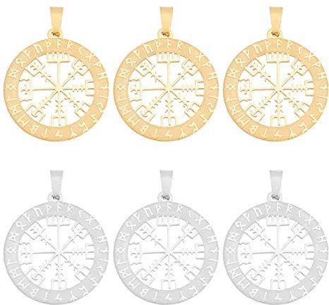 UNICRAFTALE 6 Stück 2 Farben Flacher Runder Edelstahl Nordischer Wikinger Amulett Anhänger Wikinger Kompass Talisman Charm 33.5mm Metall Nordischer Symbol Halsketten Charm Für Die Schmuckherstellung