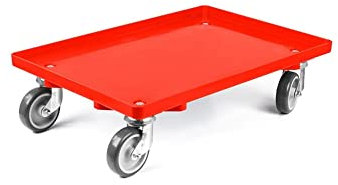 Transportroller für Euroboxen 60x40cm mit Gummiräder rot | Geschlossenes Deck | 2 Lenkrollen & 2 Bockrollen | Traglast 300kg | Kistenroller Logistikroller Rollwagen Profi-Fahrgestell