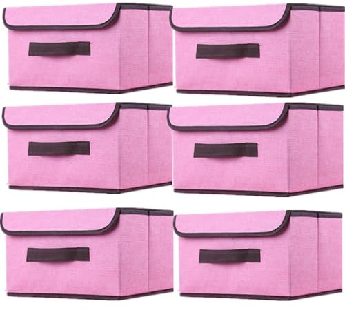 NCRGB 6 Stück Stoff Faltbare Aufbewahrungsboxen mit Deckel 26×19×16cm,Stoffaufbewahrungsbehälter mit Deckel,Kleiderschrank Organizer für Kleideraufbewahrung,Raumorganisation-Rosa
