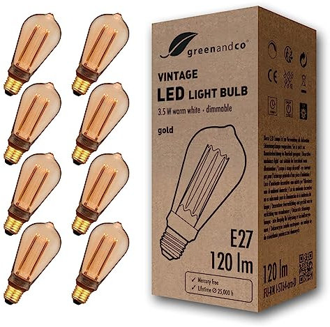 greenandco 8x dimmbare Vintage Design LED Birne zur Stimmungsbeleuchtung | E27 ST64 | gold | 3,5W 120lm | 1800K extra warmweiß | 320° | 230V | flimmerfrei | Edison Glühbirne