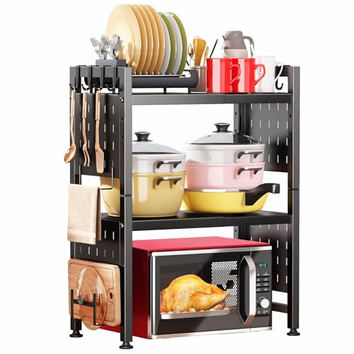 Kitstorack Adjustable Microwave Stand,Microwave Oven Rack Shelf Heavy Duty 3-Tier Shelf with 4 Hooks for Kitchen Shelves Counter Top Organizer, Holds 180lbs,Cutting Boards Stand