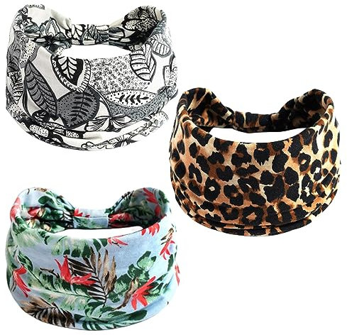 scicent Haarband Damen 3 Stück Boho Breit Stirnbänder Running Head Schals Stylish Elastic Head Wraps Stretchy Turban Haarbänder für Frauen Mädchen, 14155
