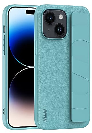 NINKI Compatible Hand Strap Case for iPhone 15 Plus Phone Case Men Women,Ultra Slim Shockproof Hard PC + Leather Matte Protective Case for Apple iPhone 15 Plus Case Strap,iPhone 15 Plus Thin Case Blue