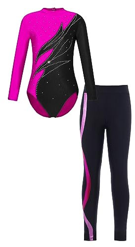 FEESHOW Mädchen Turnanzug Langarm Gymnastikbody Tanz Ballett Leotard Leggings Kinder Sport Bodysuit Strumpfhose Set Wettkampf Tanzkleidung Rosa_A 134-140
