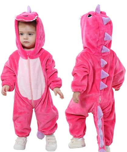 Doladola Combinaison de flanelle pour neutres bébé enfant animaux combinaison pyjama déguisement halloween bébé(12-18 Mois,Dinosaure roses)