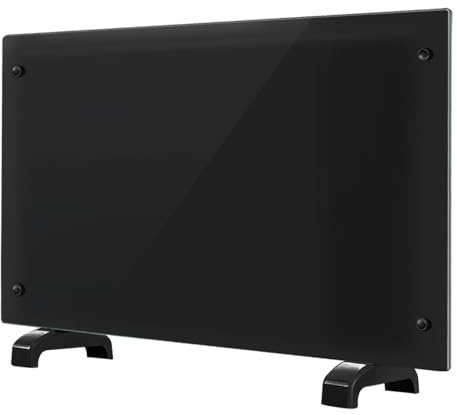 Electric Heater Glass Panel Radiator - Ultra Slim (11cm) - 1Kw-2Kw - Adjustable Thermostat - Wall Mountable or Free Standing - Wall Bracket Included, Black (1500, Watts)