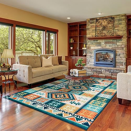TALETA Teppich Kurzflor rutschfest, bunter Teppich Wohnzimmer waschbar, Schlafzimmer Teppich, Vintage Teppich Kelim, Rugs for Living Room, grüner Teppich groß 160 x 230 cm
