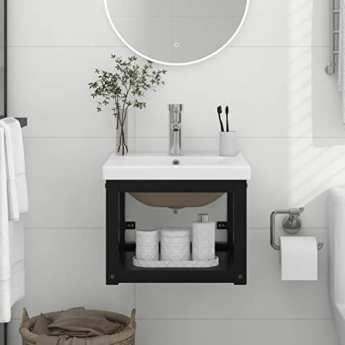 Homgoday Gestell für Waschbecken im Badezimmer mit integriertem Waschbecken aus schwarzem Eisen in S