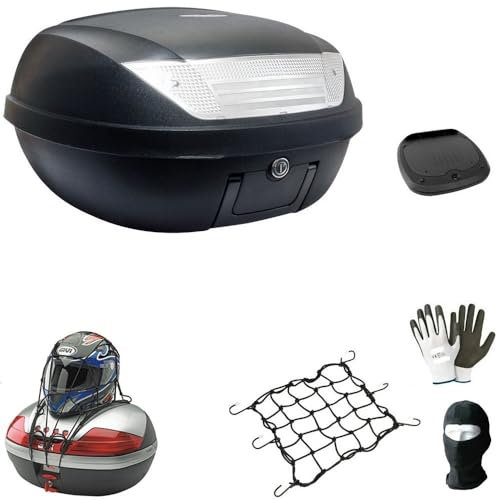 KOMPATIBEL MIT Yamaha MAXSTER 125 Koffer TOPCASE 52 LT SCHWARZ + Platte + Griff FÜR Motorrad-Scooter-GEPÄCKTRÄGER FÜR 2 UNIVERSAL-SIFAM-Integral-Jet-MODULARE HELME