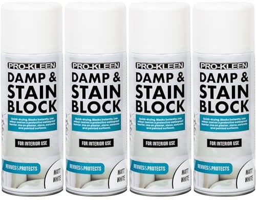 Pro-Kleen Damp & Stain Block Spray Paint Primer White Matt 4 x 500ml - Covers Damp, Mould, Grease, Nicotine & Rust Stains - for Walls & Ceilings - Leaves a Waterproof Barrier