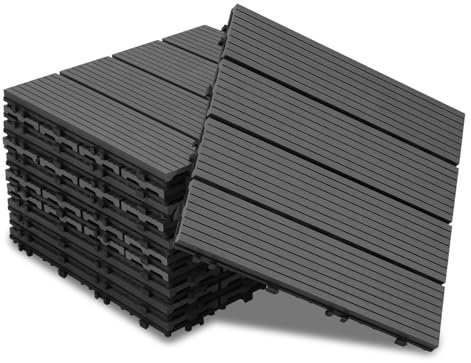 Jiubiaz WPC Terrassenfliesen Holzoptik 30x30 cm, 5m² = 55 Fliesen Klickfliesen, Balkonfliesen Bodenbelag für Balkon & Terrasse - wetterfest mit Drainagefunktion | Anthrazit