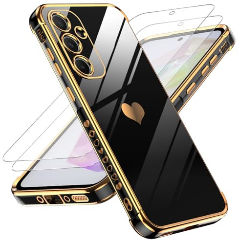 LeYi Hülle für Samsung Galaxy A55 5G Handyhülle mit 2*Schutzfolie, Cute Herz Muster TPU Silikon Galvanik Stoßfest Schutzhülle Cover Case, Kameraschutz Kratzfest für Samsung A 55 Schwarz