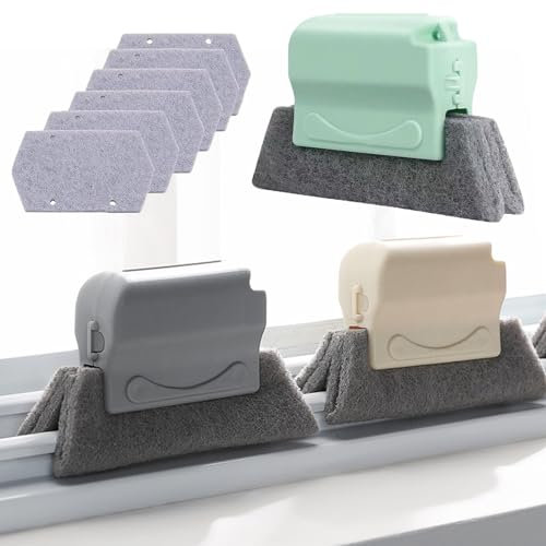 Lot de 3 brosses de Nettoyage pour Fentes de fenêtre (mètre, Gris, Vert) et 6 Cotons de Rechange, Brosse de Nettoyage de Rainure de Fenêtre, Brosse de Nettoyage à Main pour Rail de Porte