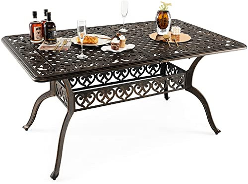 TANGZON Outdoor Large Dining Table, 150 x 90CM Cast Aluminum Rectangular Table with 4/5CM Umbrella Hole & Hollow Pattern, Garden Dining Furniture for Lawn, Backyard, Balcony