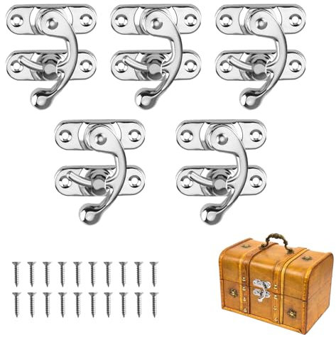 Taoduod 5 PC Antique Lock Clasp 42*36mm Right Latch Hook Hasp with Screws Swing Arm Latch Plated Silver Tone Right Latch Hook Hasp Retro Style Iron Horn Lock for Cabinets Storage Boxes Leather Goods
