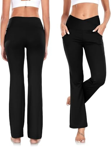 Yogahose Damen mit Taschen Blickdicht Cross V-Taille Bootcut Jogginghose Schlaghose Fitnesshose Fitnes Schwarz S