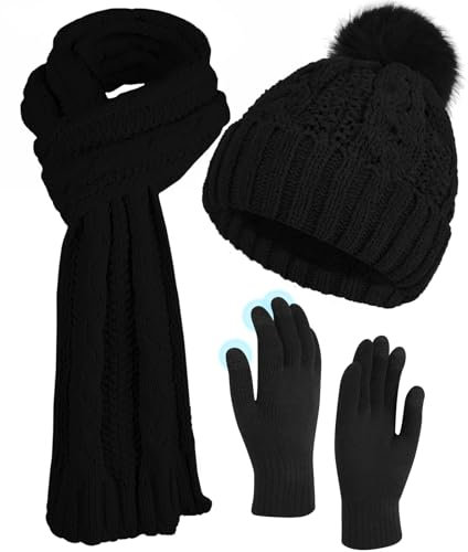 ILovDaisy Mütze, Schal & Handschuh-Sets für Damen Winter, Beanie Gestrickte Wintermütze mit Bommel, Thermo Winterhandschuhe Touchscreen, Warme Kuschelige Schal Winterset Schwarz